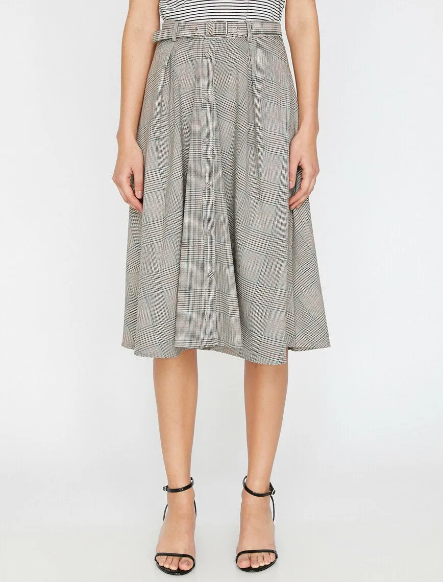 11957 Beige Patterned Midi Skirt