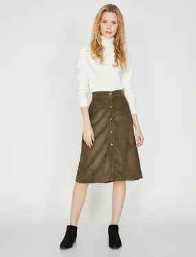 12126 Khaki Button Detailed Midi Skirt