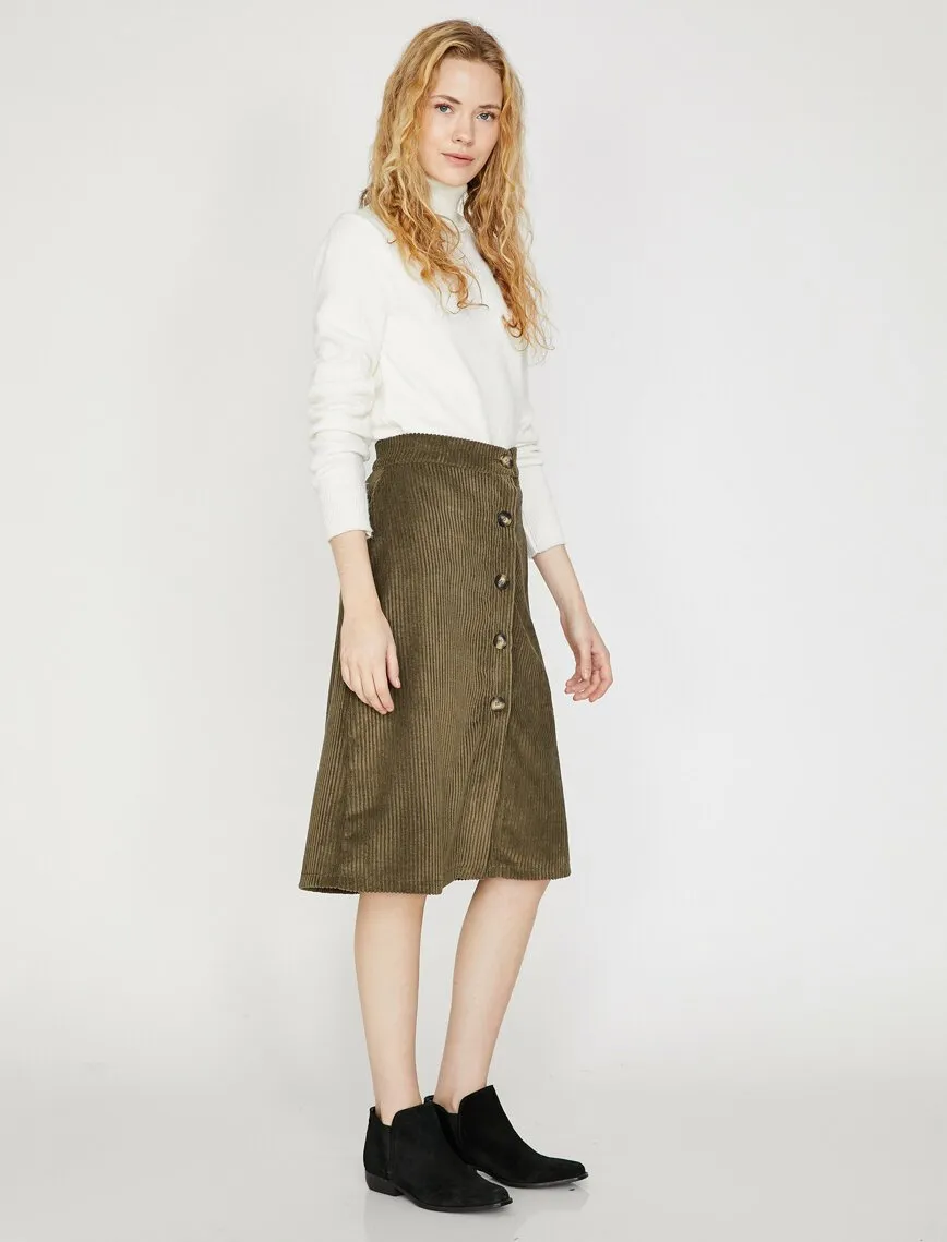 12126 Khaki Button Detailed Midi Skirt