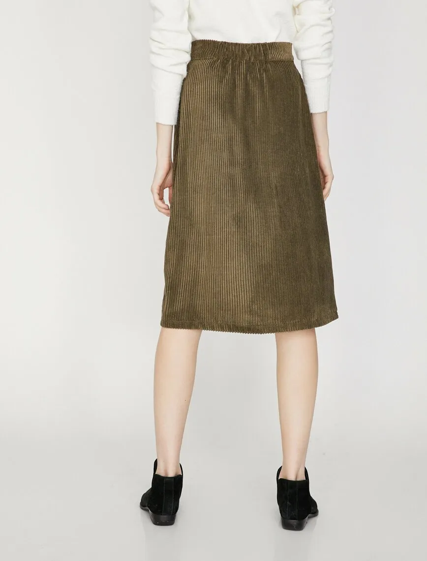 12126 Khaki Button Detailed Midi Skirt