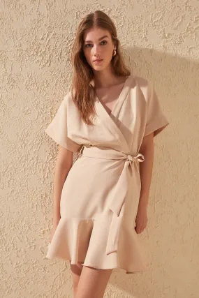 16475 Cream Wrap Collar Dress
