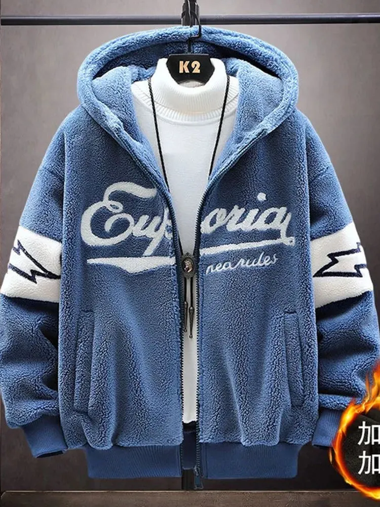 2024 Autumn/Winter New Fashion Printed and Fleece Thick Warm Hooded Coat Men's Casual Loose Large Size High Quality Coat M-3XL