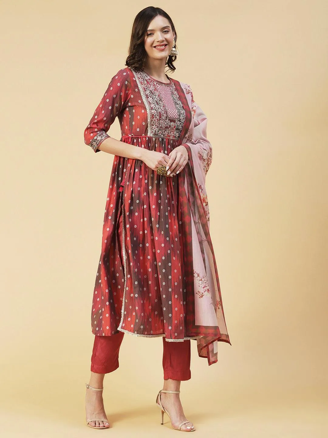 Abstract Printed Embroidered High Slit Kurta With Pants & Dupatta - Multi