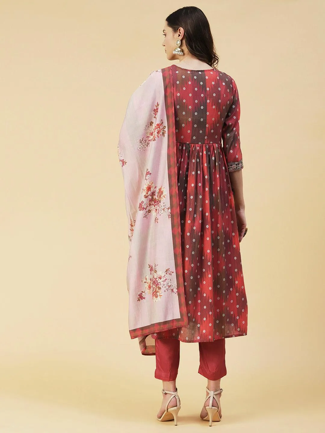 Abstract Printed Embroidered High Slit Kurta With Pants & Dupatta - Multi