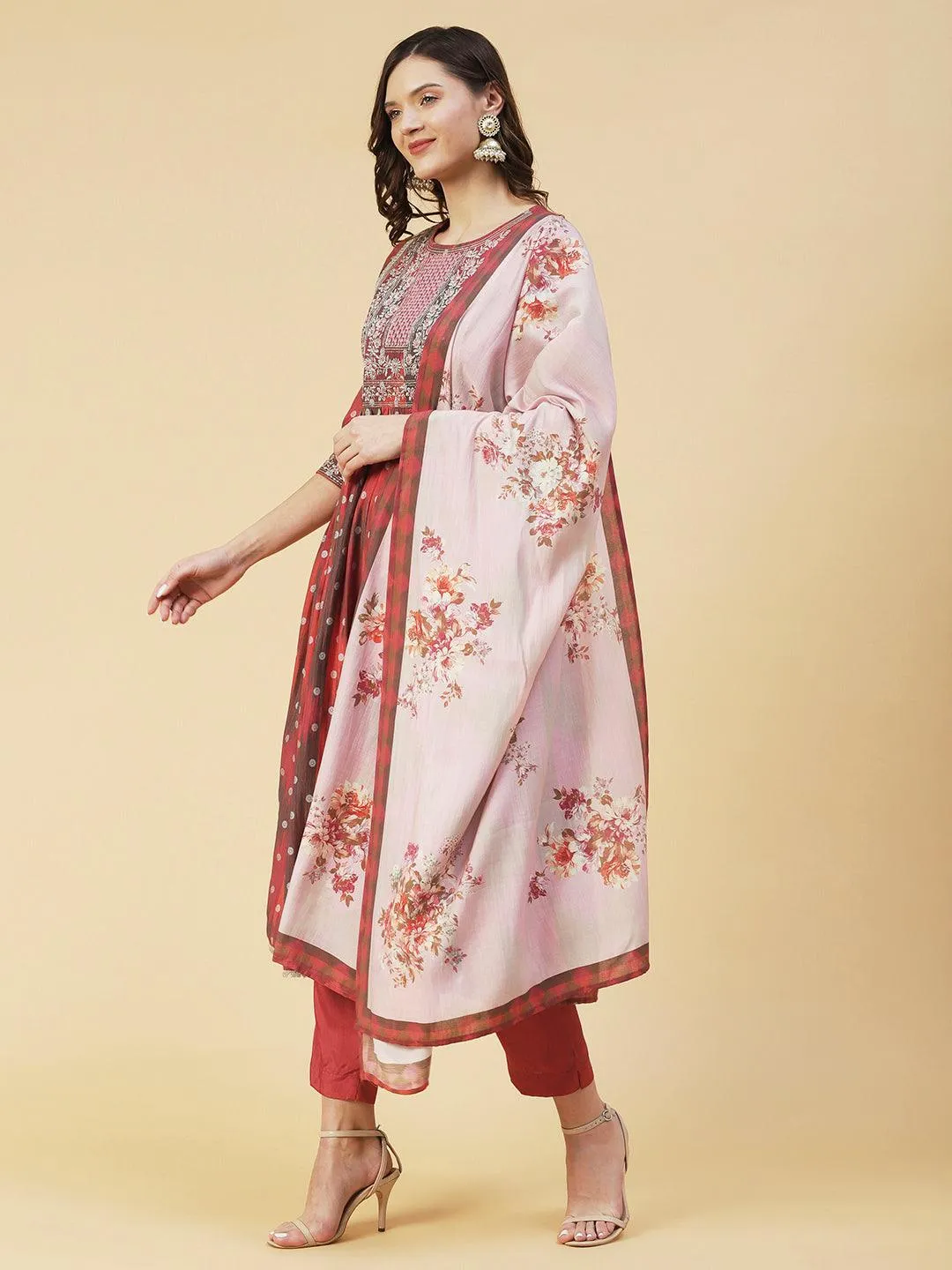 Abstract Printed Embroidered High Slit Kurta With Pants & Dupatta - Multi