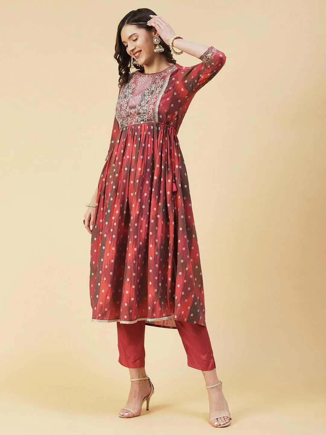 Abstract Printed Embroidered High Slit Kurta With Pants & Dupatta - Multi