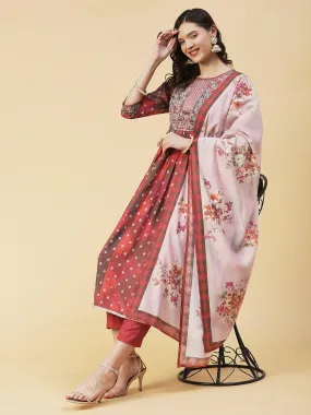 Abstract Printed Embroidered High Slit Kurta With Pants & Dupatta - Multi