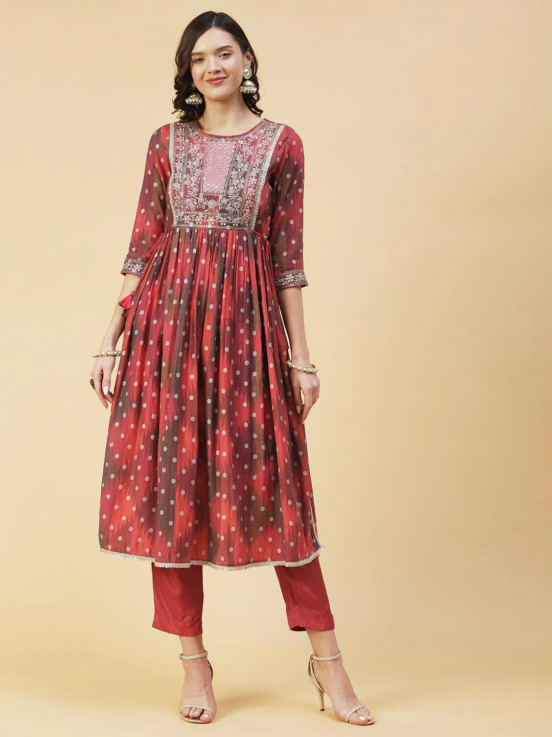 Abstract Printed Embroidered High Slit Kurta With Pants & Dupatta - Multi