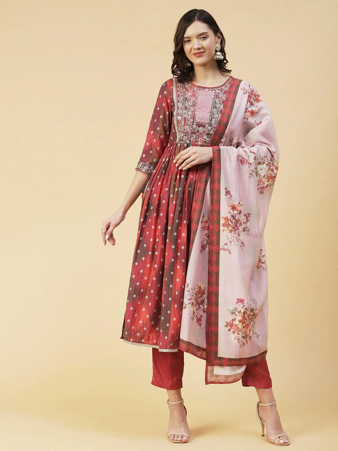 Abstract Printed Embroidered High Slit Kurta With Pants & Dupatta - Multi