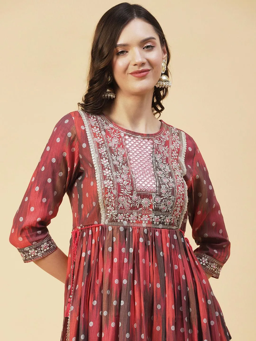 Abstract Printed Embroidered High Slit Kurta With Pants & Dupatta - Multi