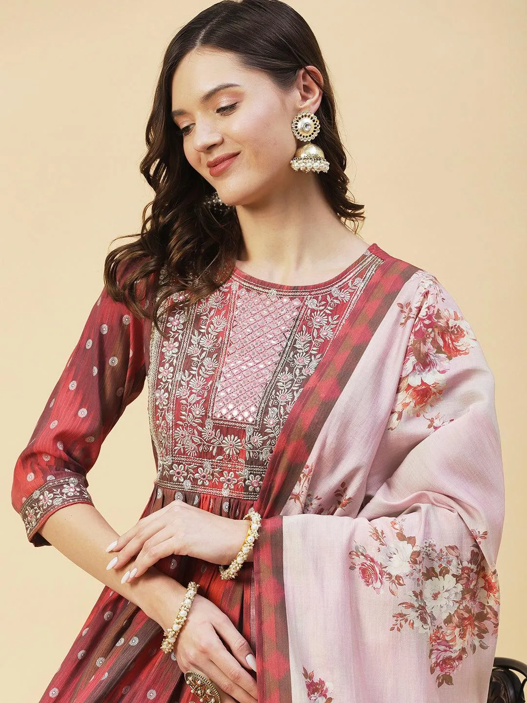 Abstract Printed Embroidered High Slit Kurta With Pants & Dupatta - Multi