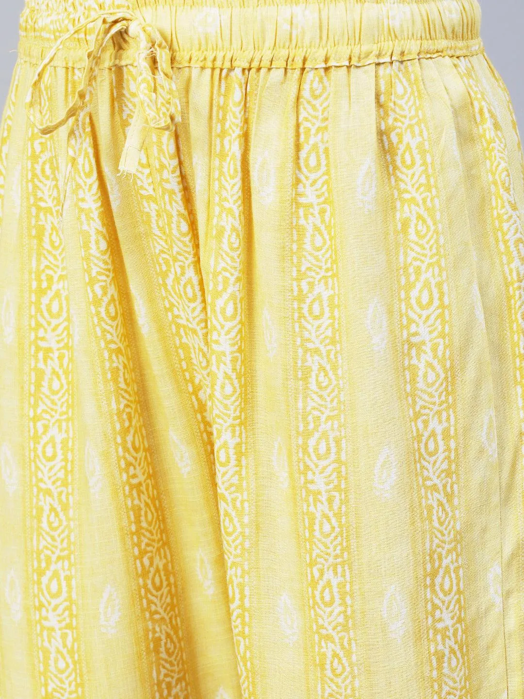 Abstract Printed Mirror Embroidered Kurta With Pants & Dupatta - Yellow