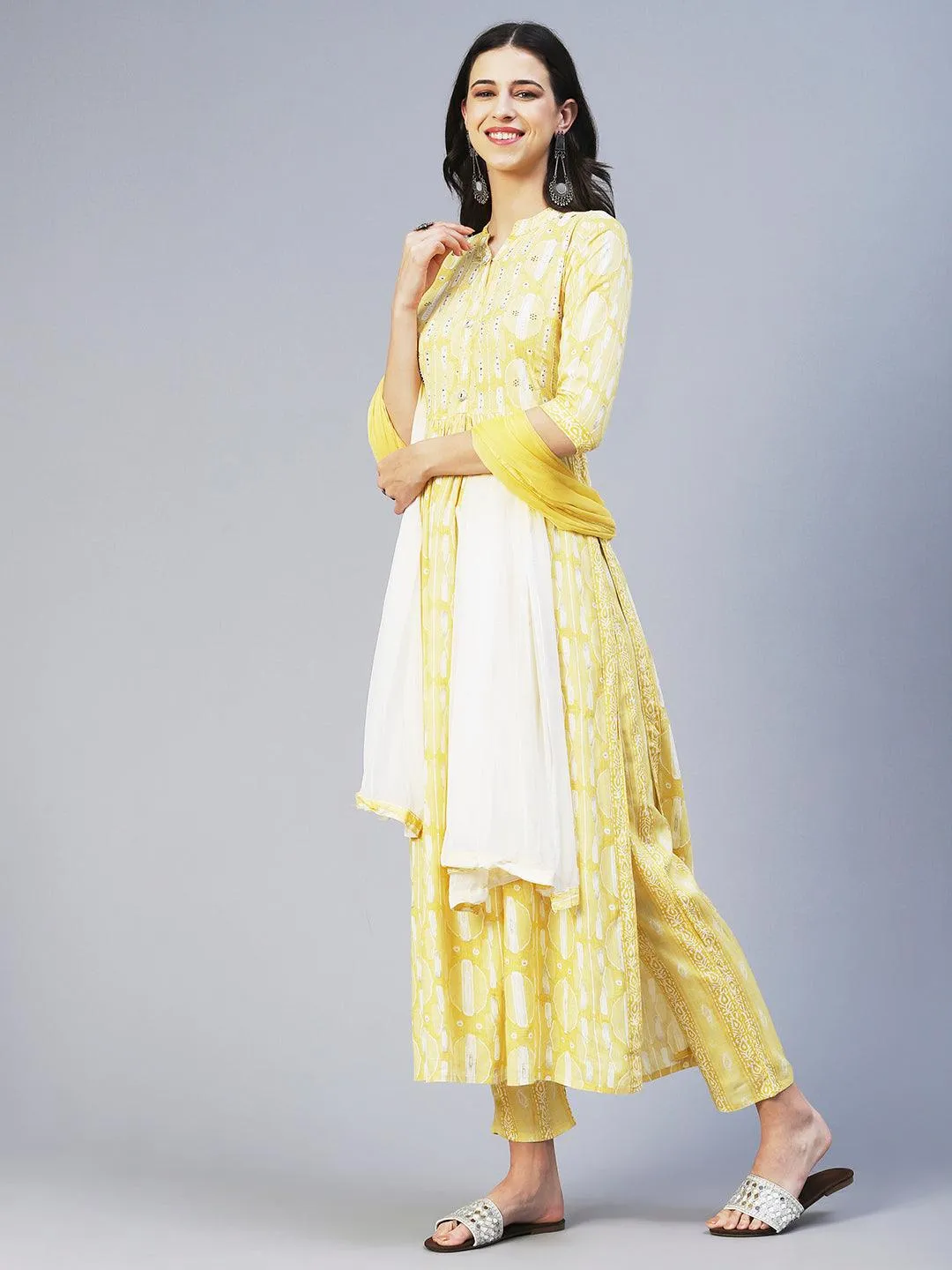 Abstract Printed Mirror Embroidered Kurta With Pants & Dupatta - Yellow