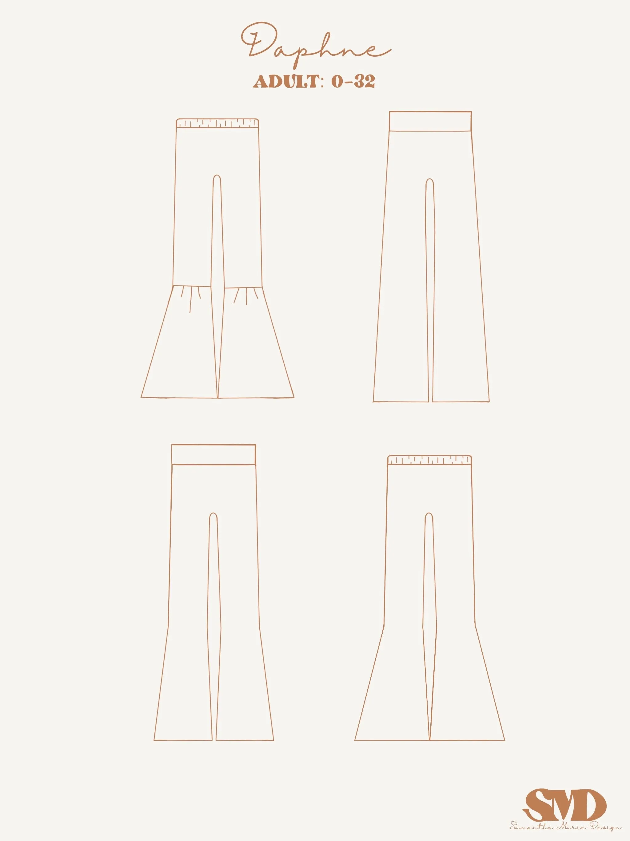 Adult Daphne Bell, Wide Leg and Flare Pants Digital Sewing Pattern Sizes 0-32