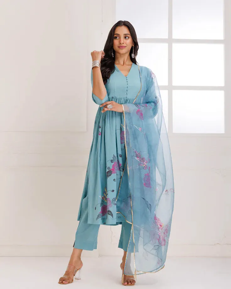 Aqua Blue Organza Hand Painted Suit Set with Dupatta