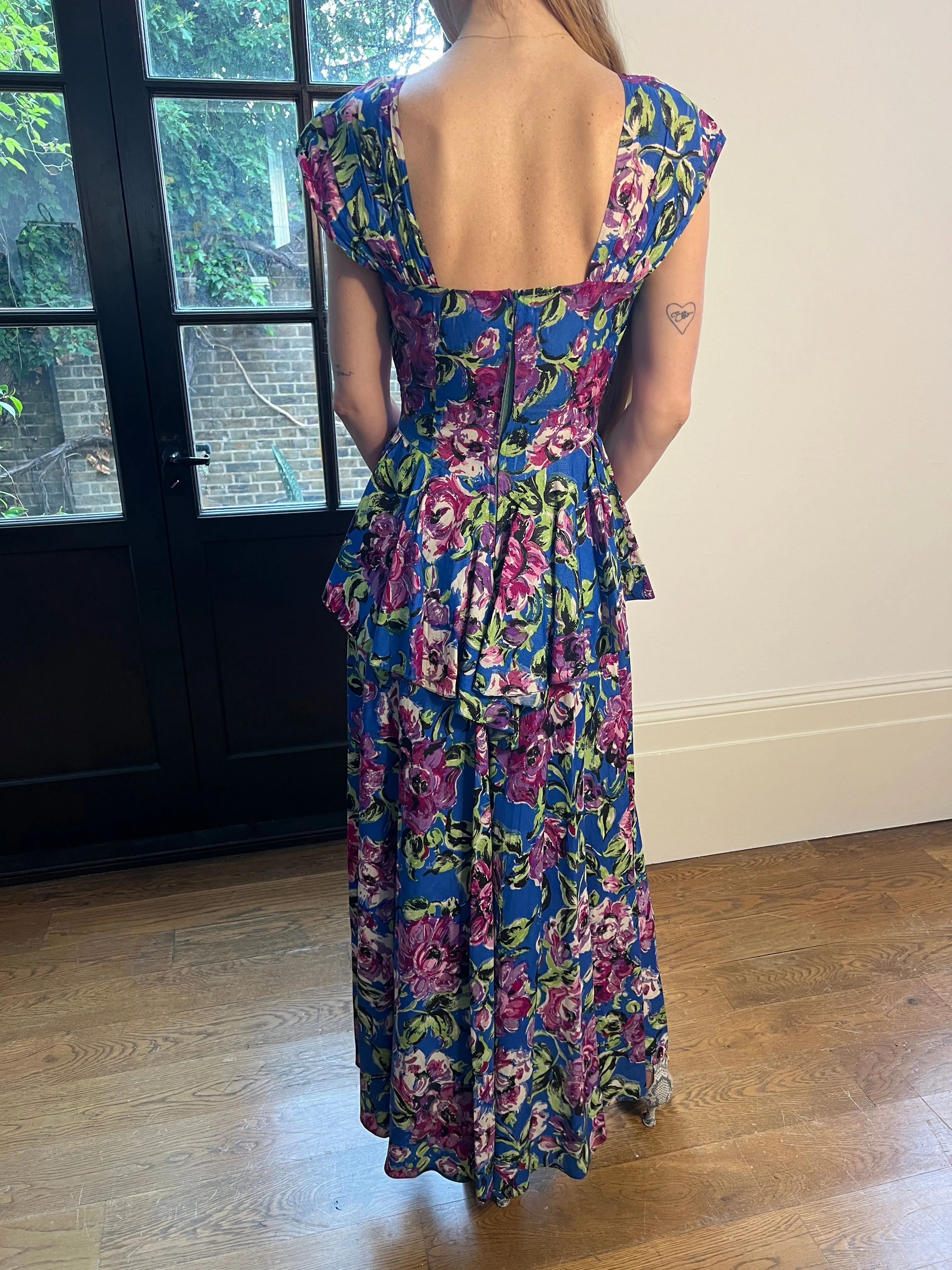 ARCHIVE - 1940s Floral Crepe Peplum Maxi Dress