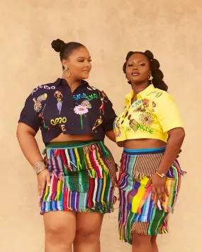 Aso-Oke Fringe Patch Skirt And SISI-EKO Crop Top Set