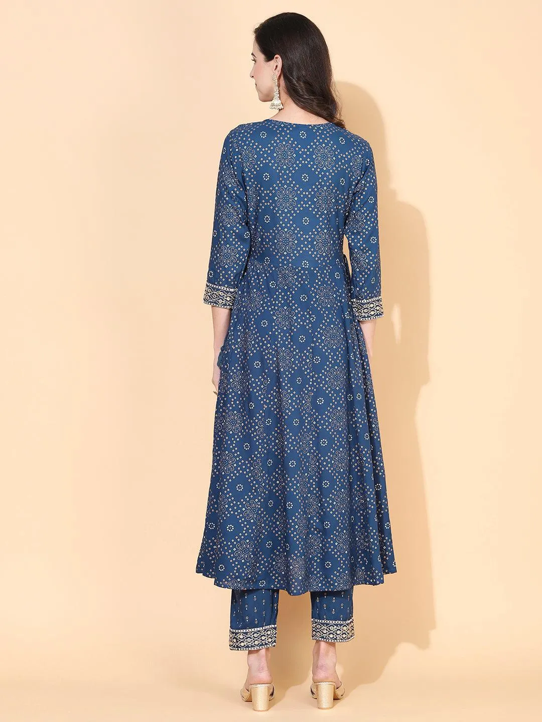 Bandhani Printed & Embroidered Anarkali Kurta with Pant - Blue