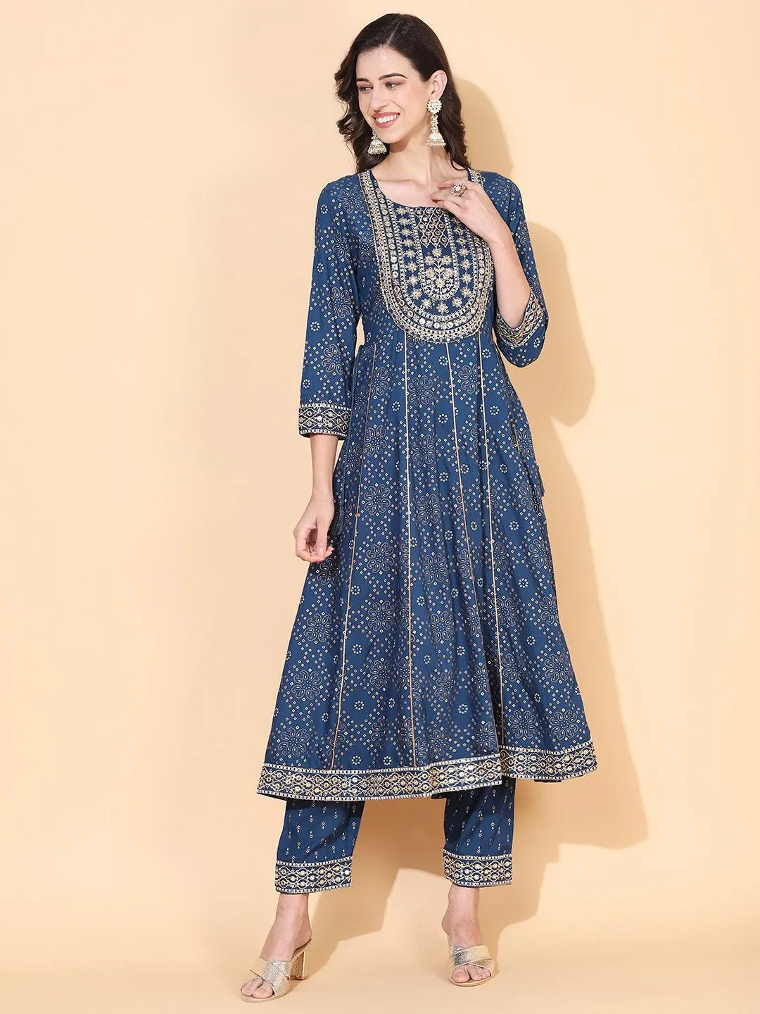 Bandhani Printed & Embroidered Anarkali Kurta with Pant - Blue