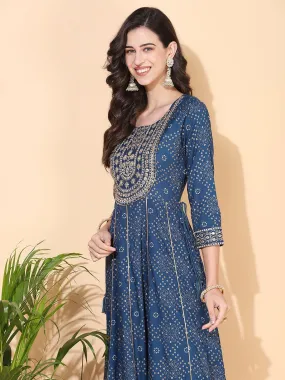 Bandhani Printed & Embroidered Anarkali Kurta with Pant - Blue