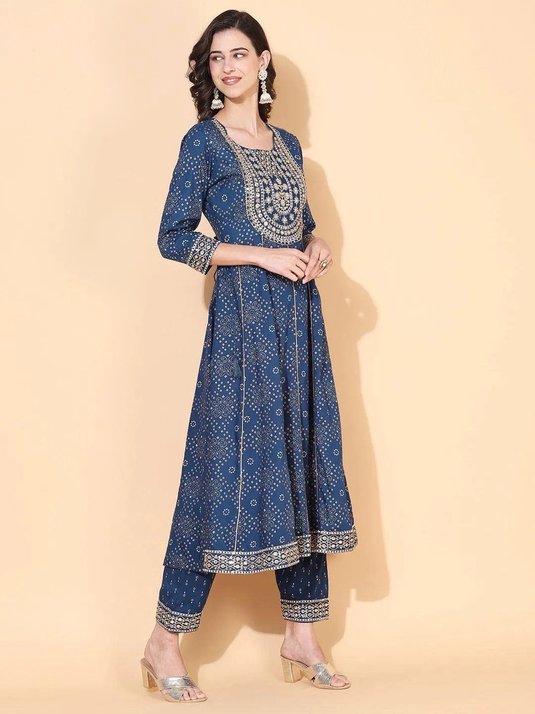 Bandhani Printed & Embroidered Anarkali Kurta with Pant - Blue