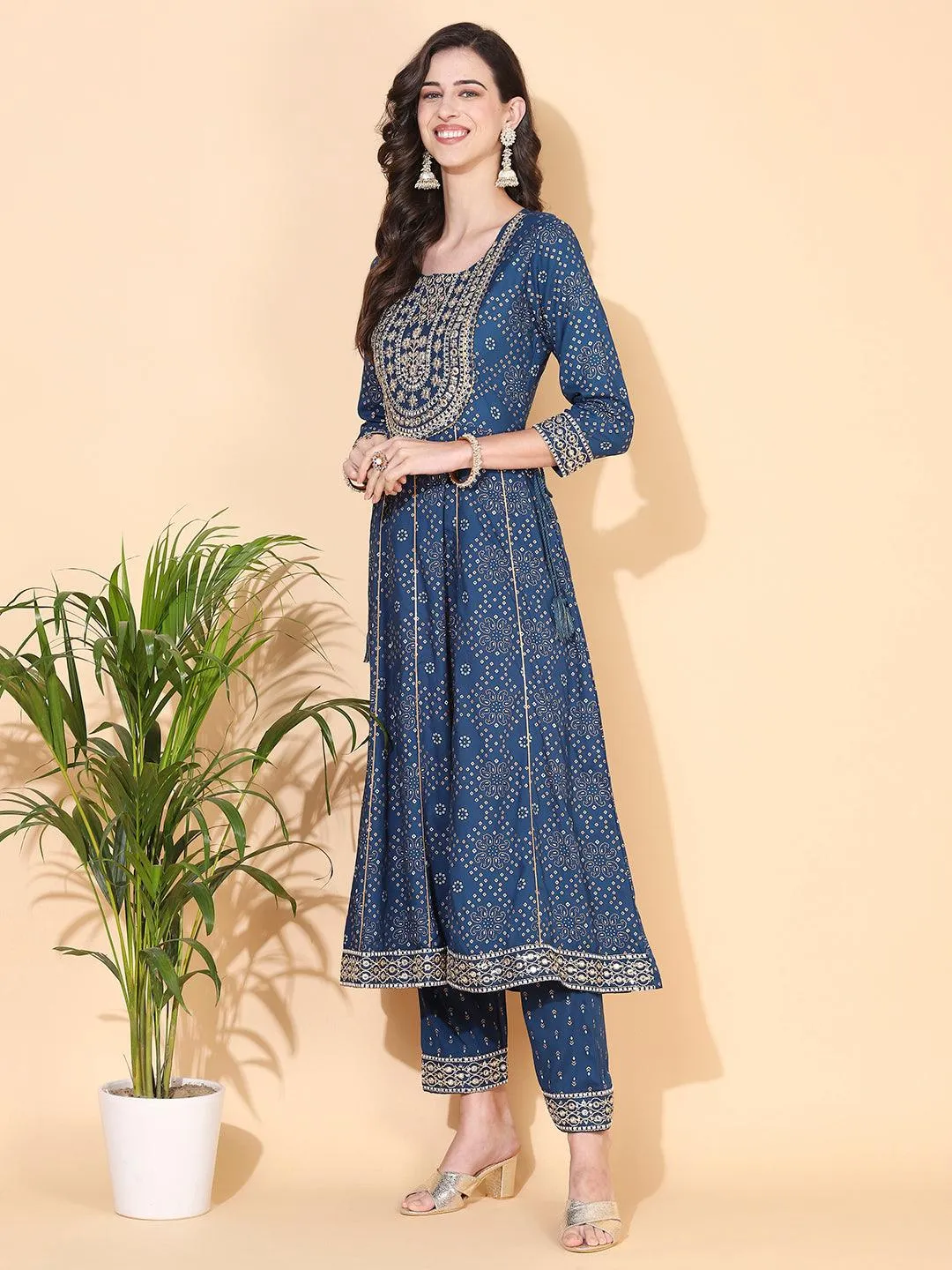 Bandhani Printed & Embroidered Anarkali Kurta with Pant - Blue