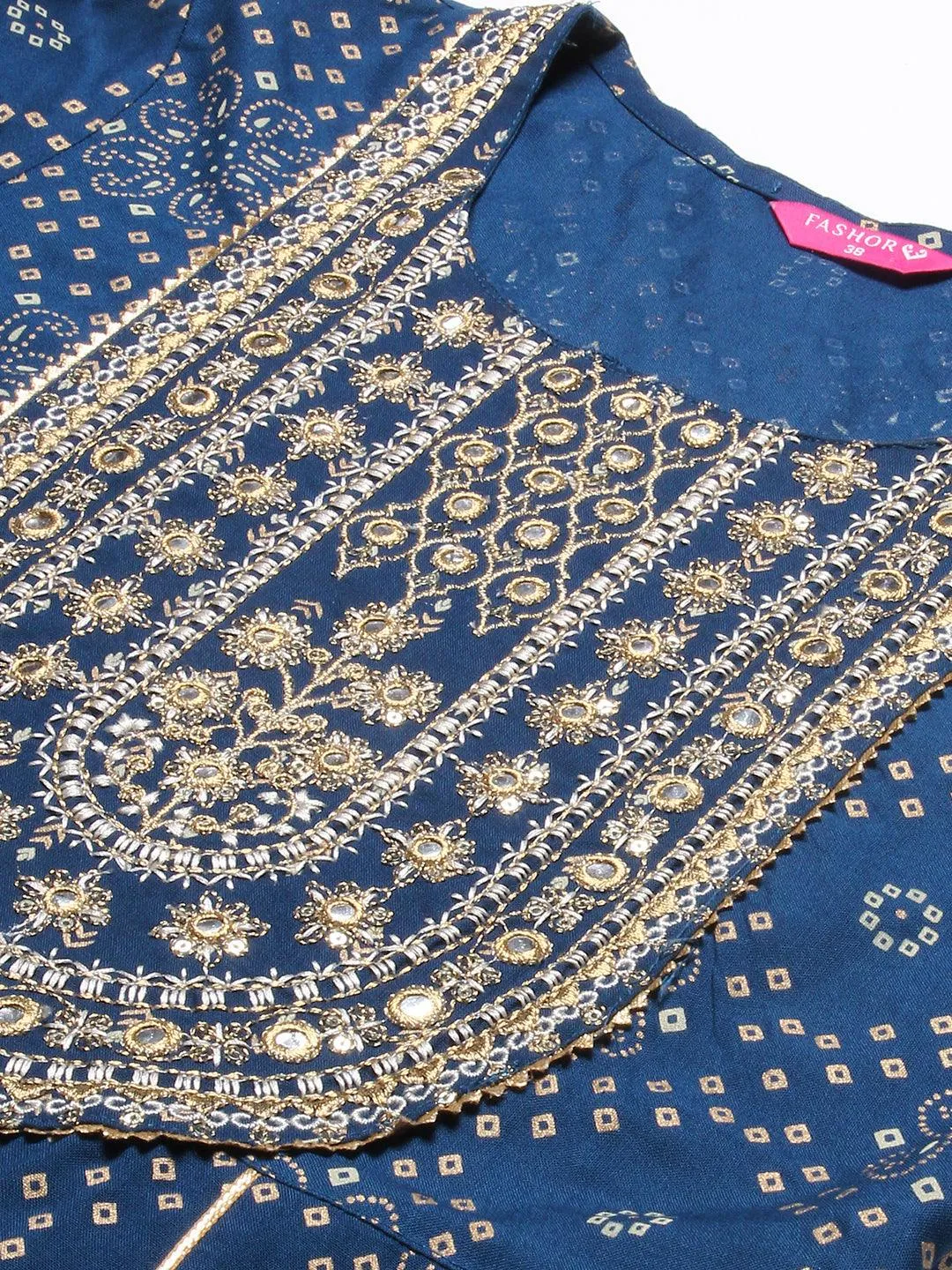 Bandhani Printed & Embroidered Anarkali Kurta with Pant - Blue