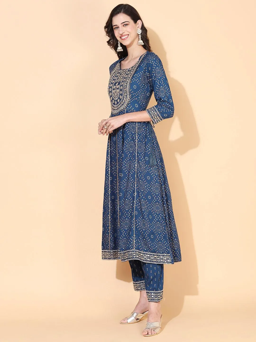 Bandhani Printed & Embroidered Anarkali Kurta with Pant - Blue