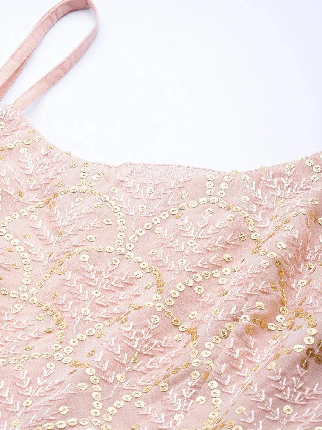 Beige Embroidered Georgette A-Line Top With Palazzos & Dupatta
