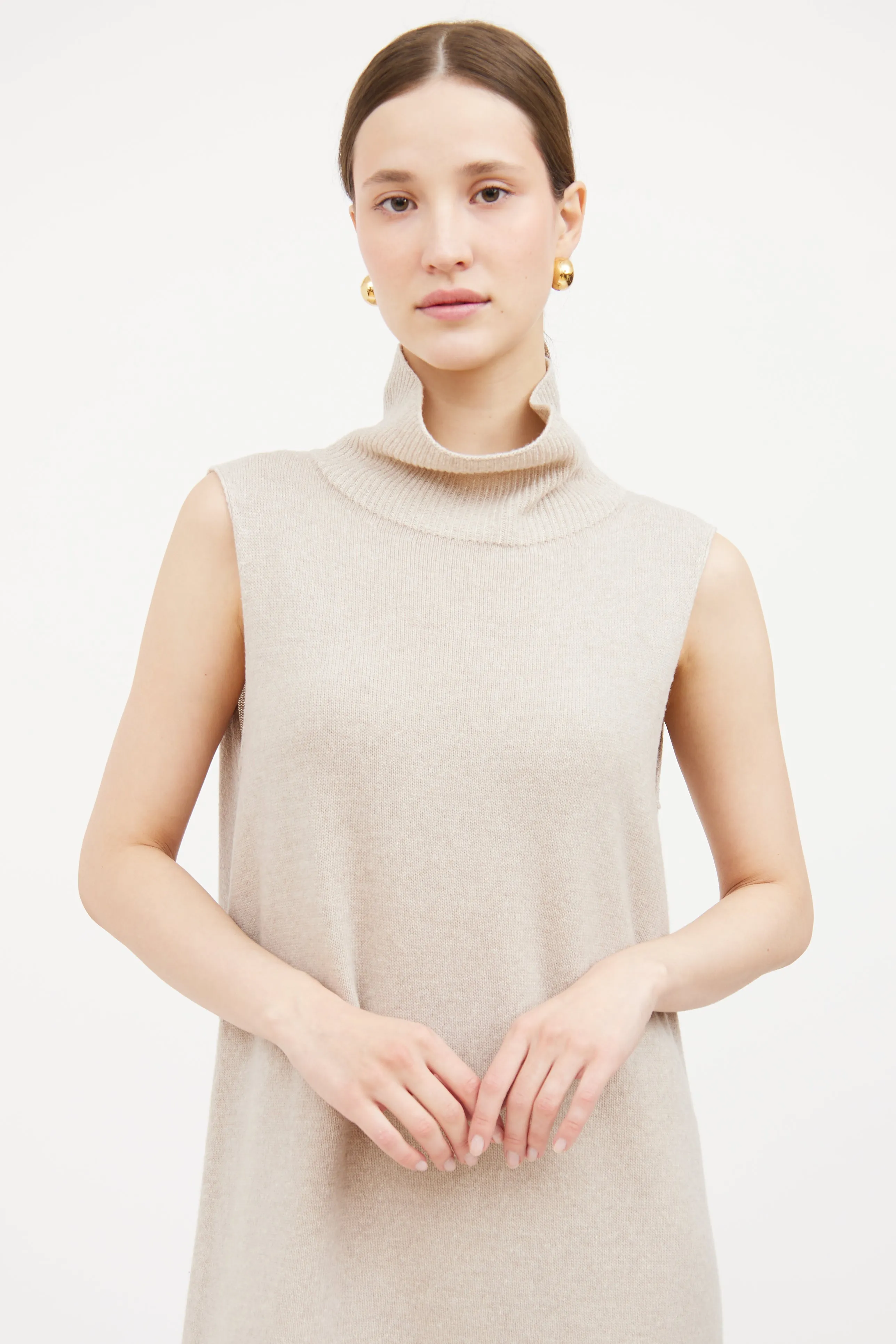 Beige Wool Blend Turtleneck Dress