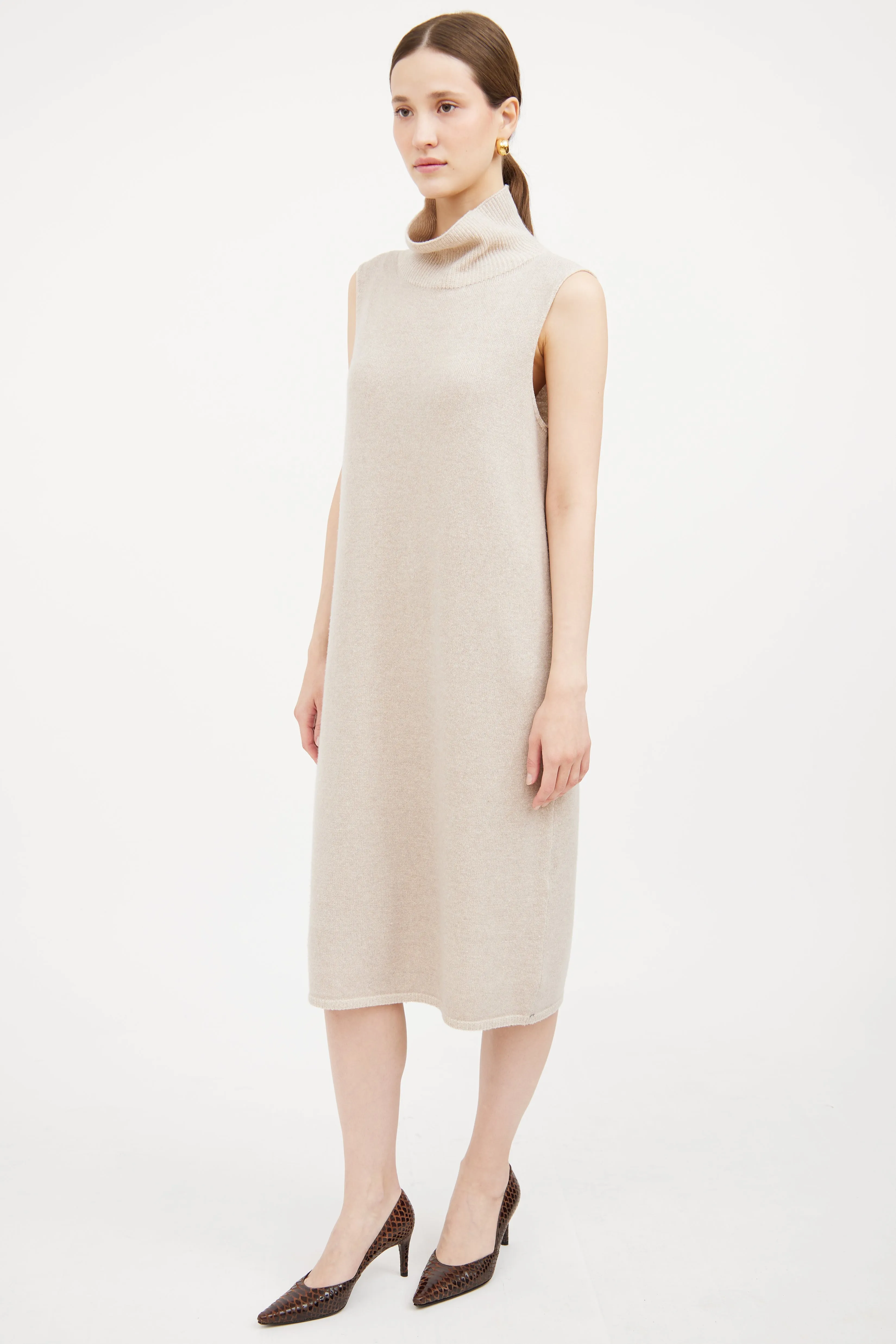 Beige Wool Blend Turtleneck Dress