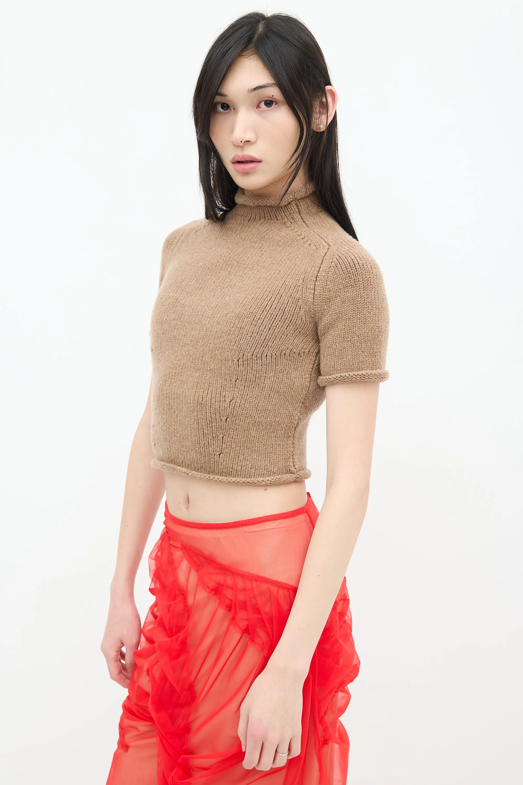Beige Wool Knit Turtleneck Top
