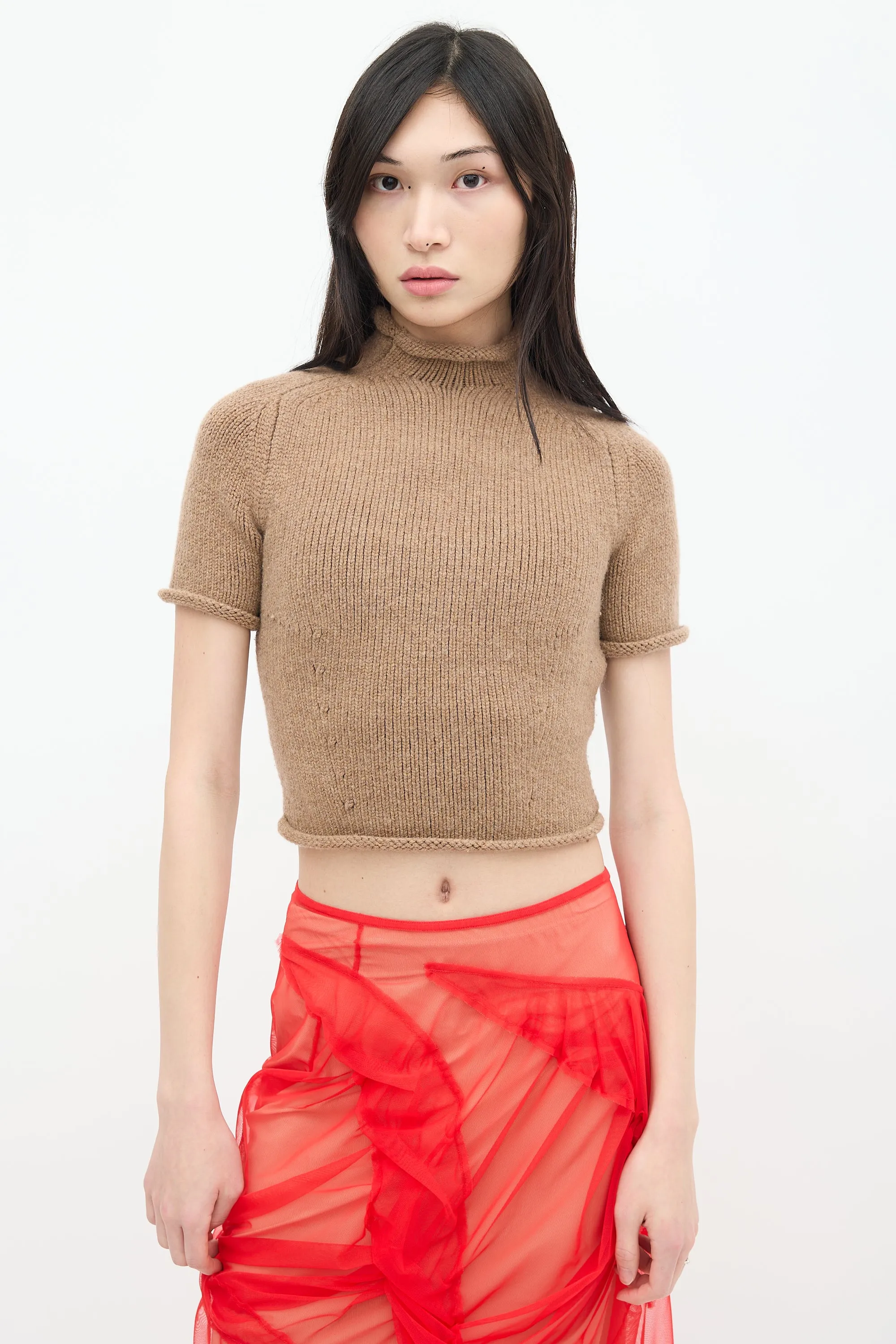 Beige Wool Knit Turtleneck Top