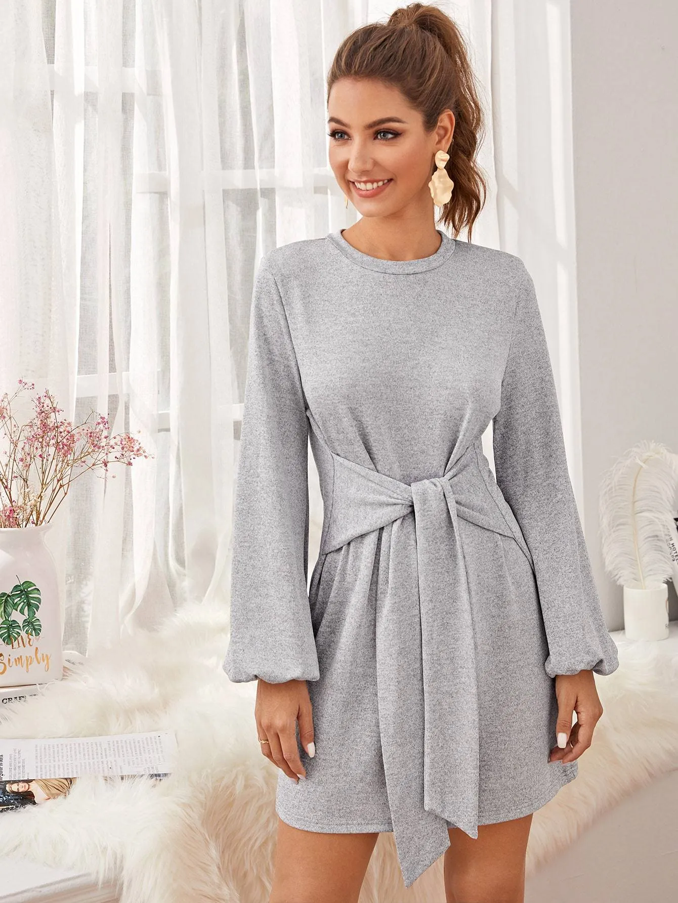 Bishop Sleeve Knot Front Jumper Dress