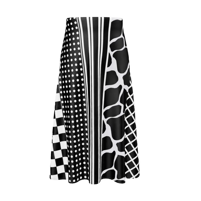 Black and White Eclectic Print Midi Skirt