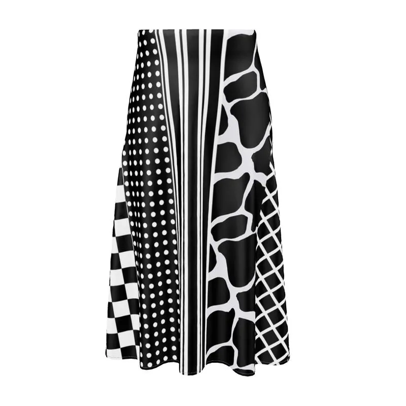 Black and White Eclectic Print Midi Skirt