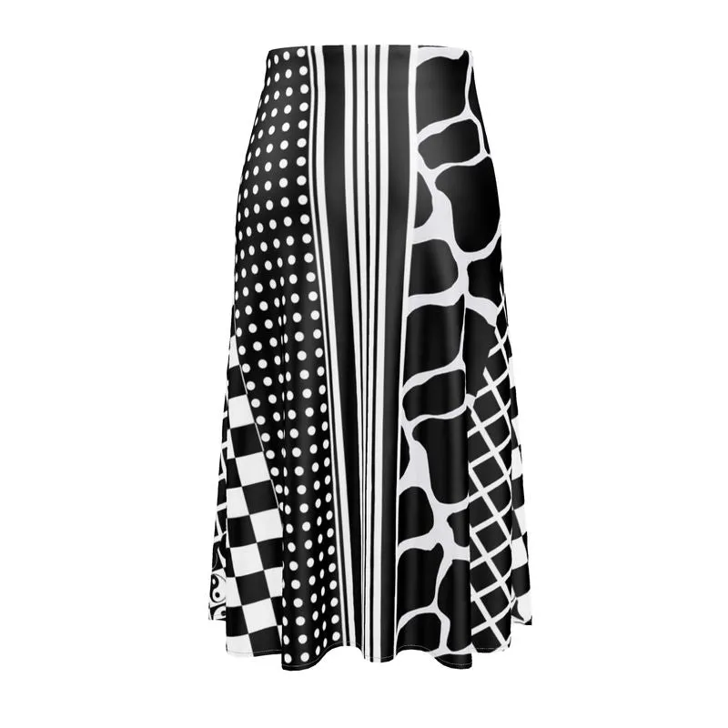 Black and White Eclectic Print Midi Skirt