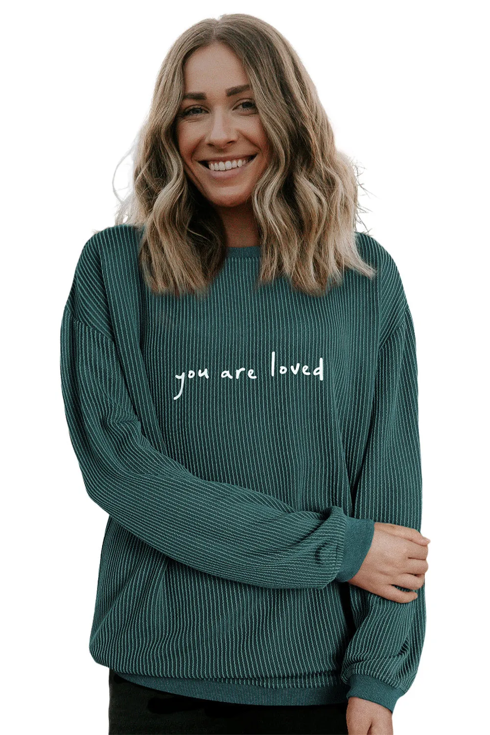 Blackish Green You Are Loved Print Corduroy Sweatshirt