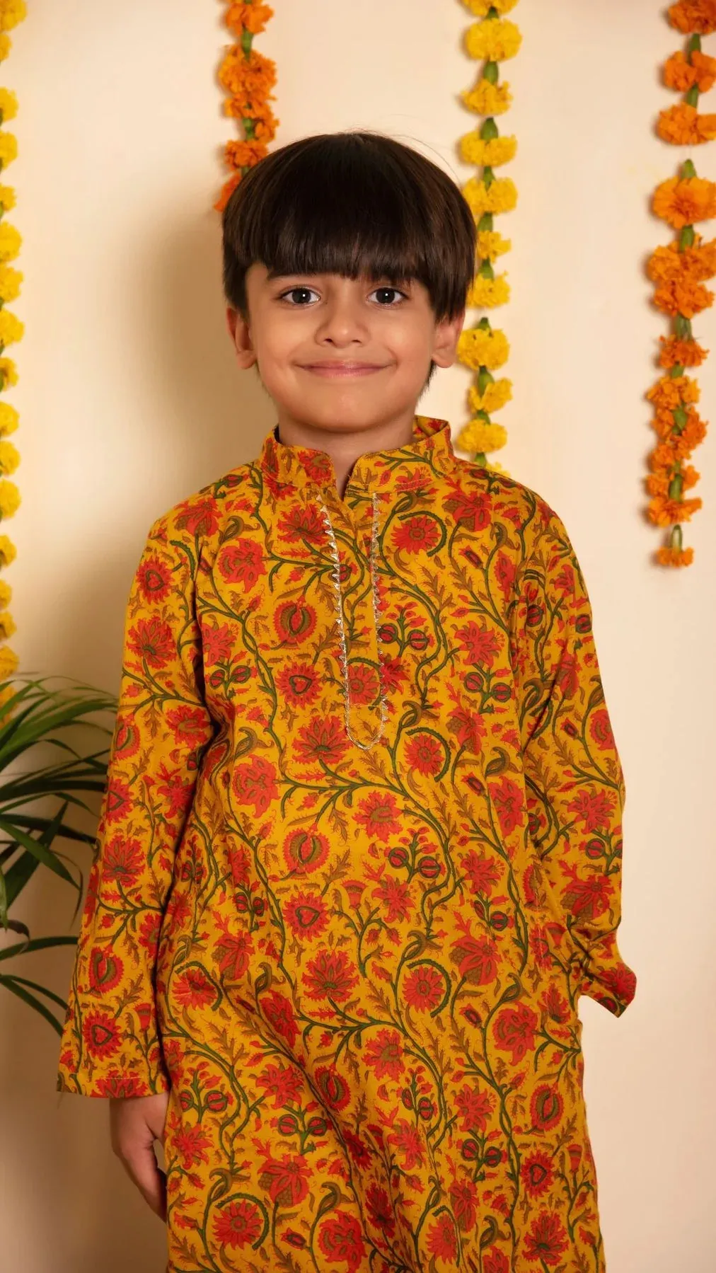 Boys Mustard Cotton Hand block Print Kurta Pant Set