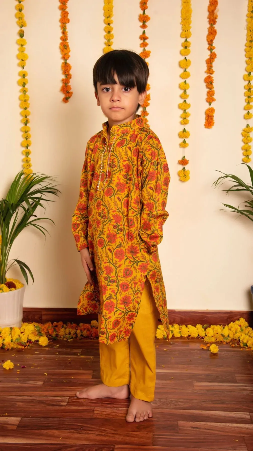 Boys Mustard Cotton Hand block Print Kurta Pant Set