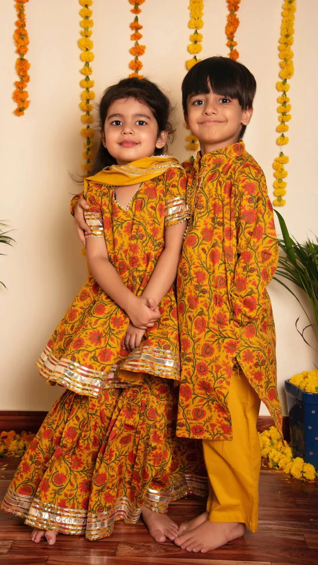 Boys Mustard Cotton Hand block Print Kurta Pant Set