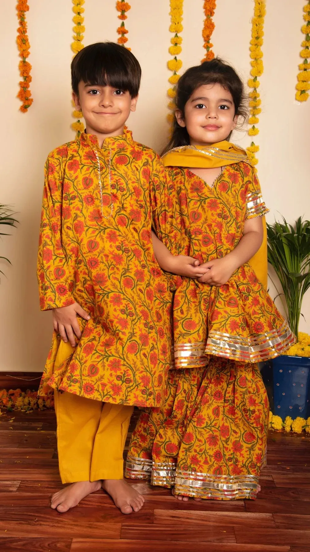 Boys Mustard Cotton Hand block Print Kurta Pant Set
