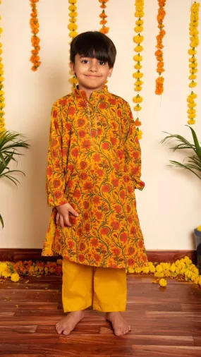 Boys Mustard Cotton Hand block Print Kurta Pant Set