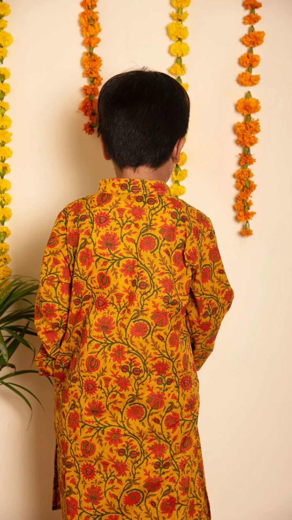 Boys Mustard Cotton Hand block Print Kurta Pant Set