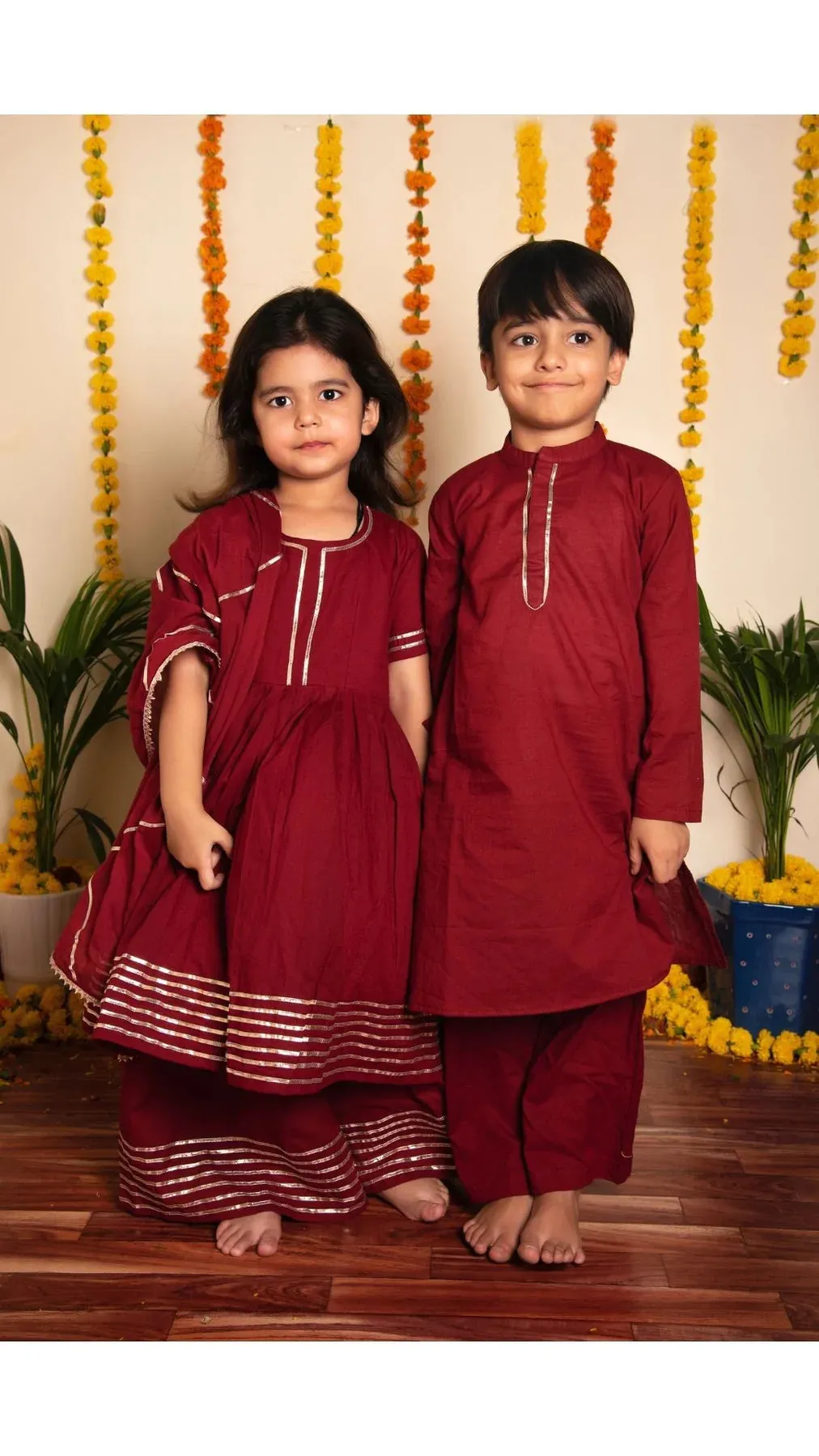 Boys Solid Cotton Maroon Kurta-Pant Set