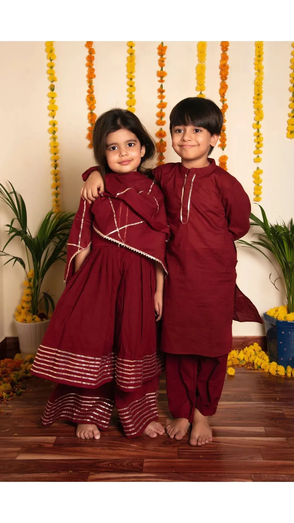 Boys Solid Cotton Maroon Kurta-Pant Set