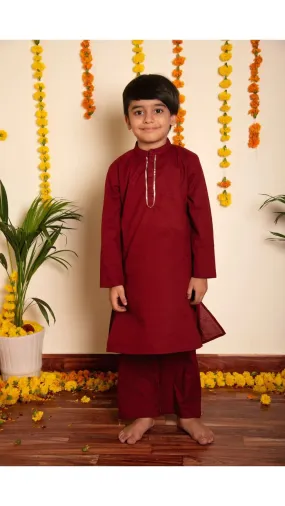 Boys Solid Cotton Maroon Kurta-Pant Set