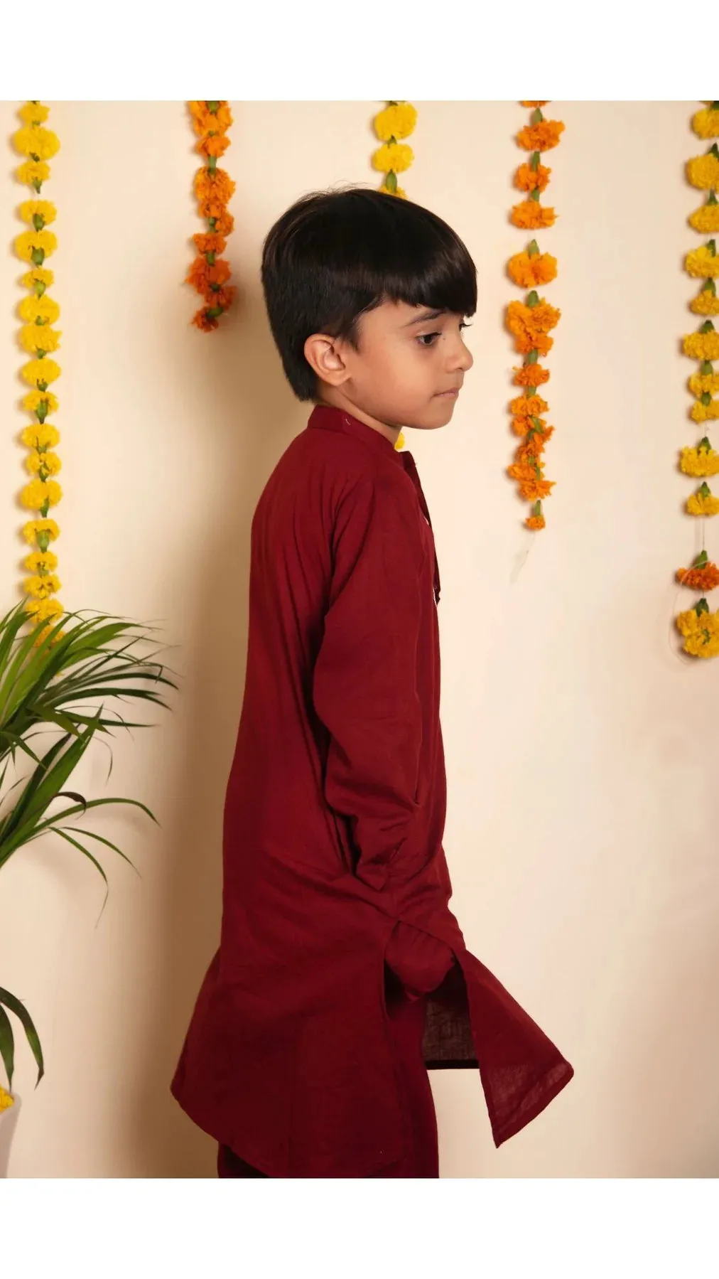 Boys Solid Cotton Maroon Kurta-Pant Set