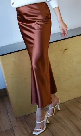 Brown Elastic Band Midi Satin Skirt