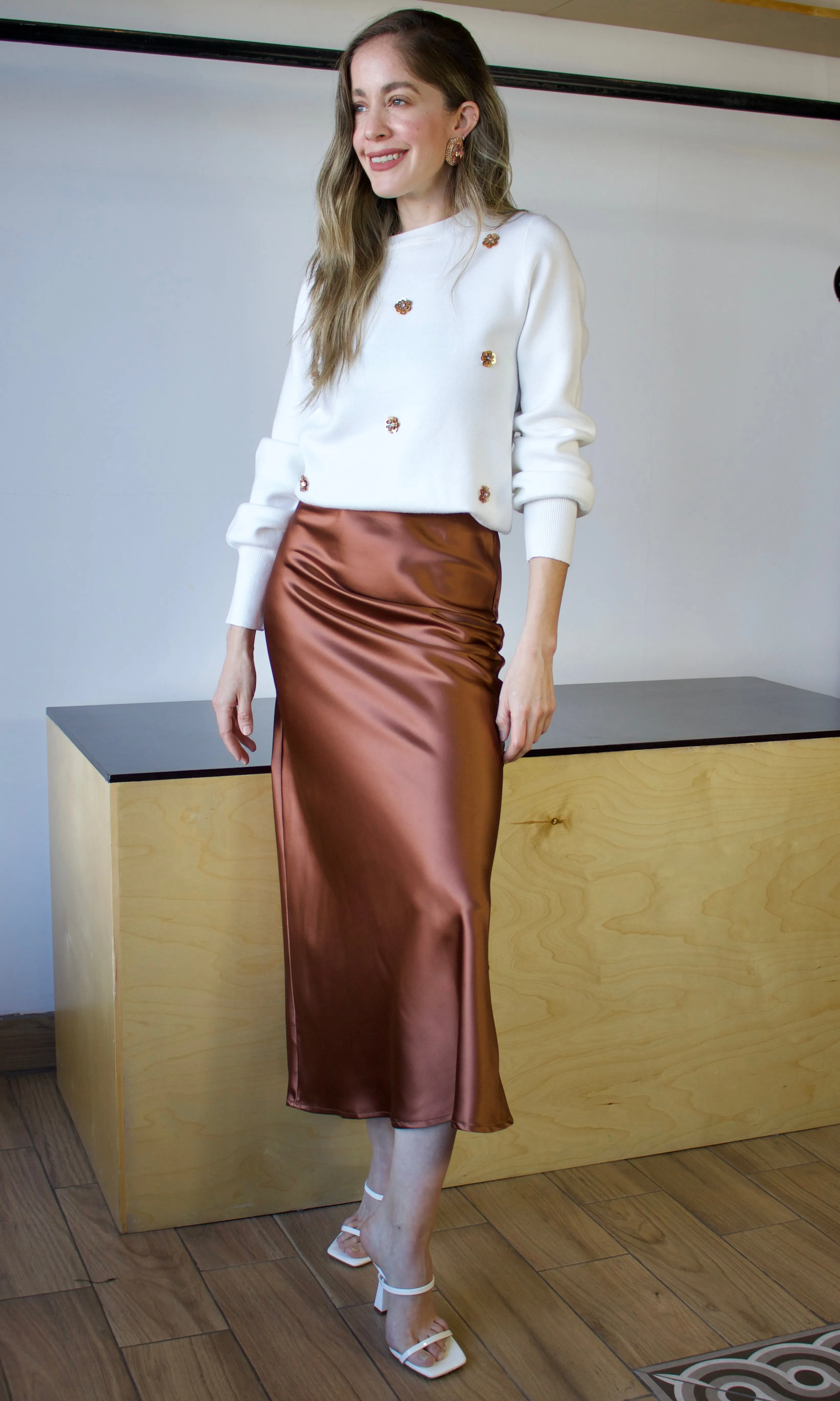 Brown Elastic Band Midi Satin Skirt
